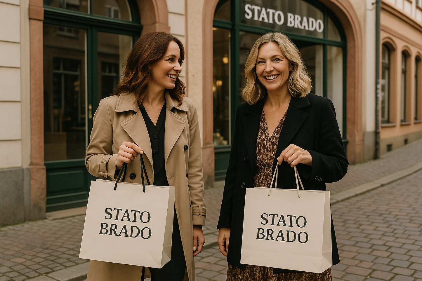 crea la foto di due donne (trentenni o sui 40 anni) che siano fuori dal negozio, in Germania con due borse. Sulle borse ci sia scritto "STATO BRADO".
