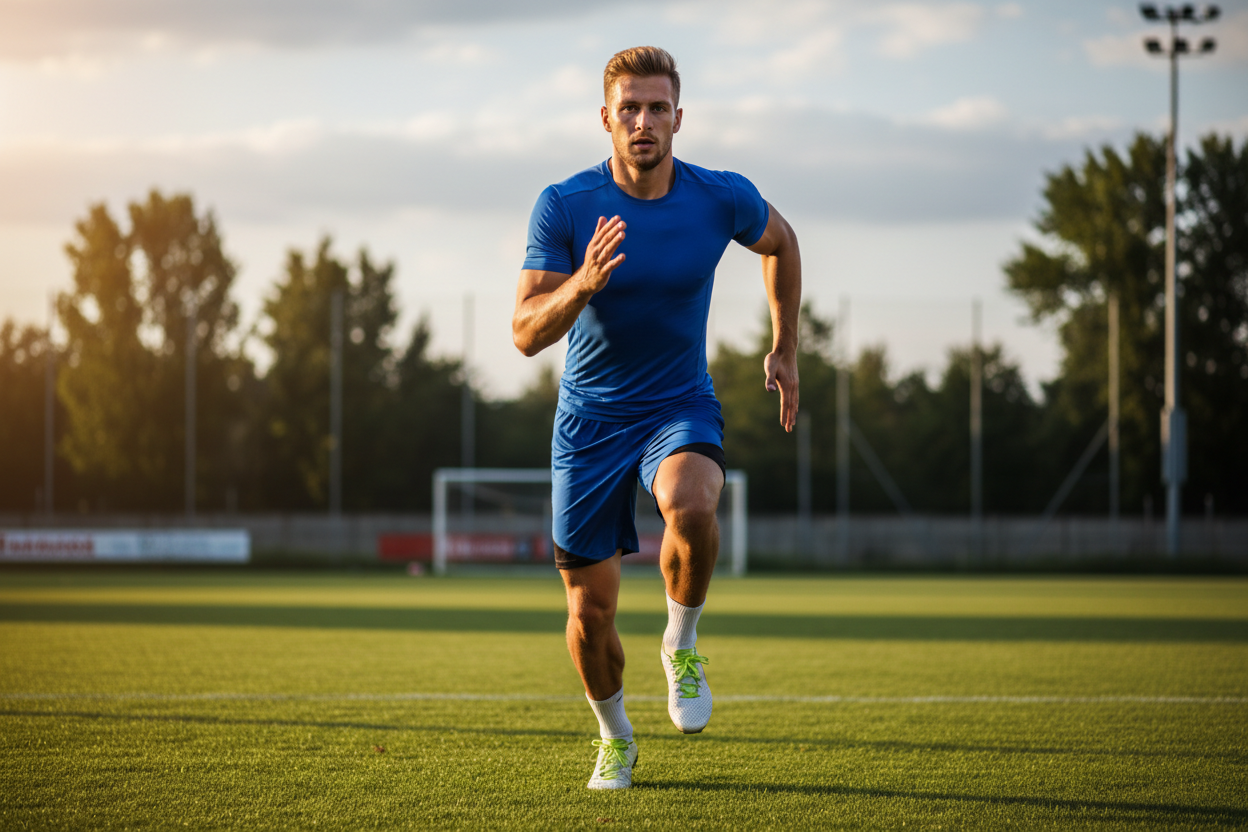genera foto di un atleta che corre nel campo di calcio, l'atleta deve essere giovane ragazzo di 25 anni, biondo